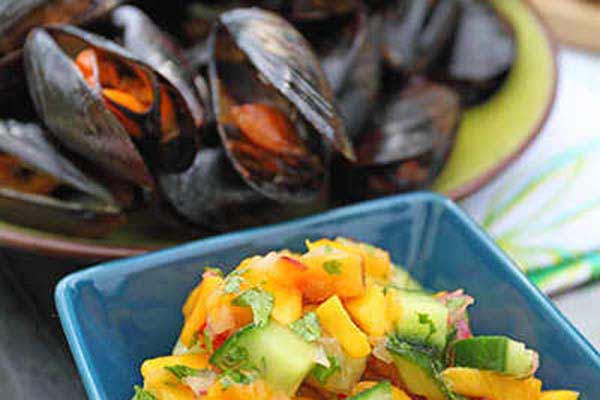 Hot Grilled Mussels with Pineapple Mango Salsa