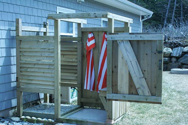 Minimalism is the best approach to outdoor shower enclosures. Framing can be done with two-by-fours or four-by-four timbers and walls closed in enough to provide privacy.